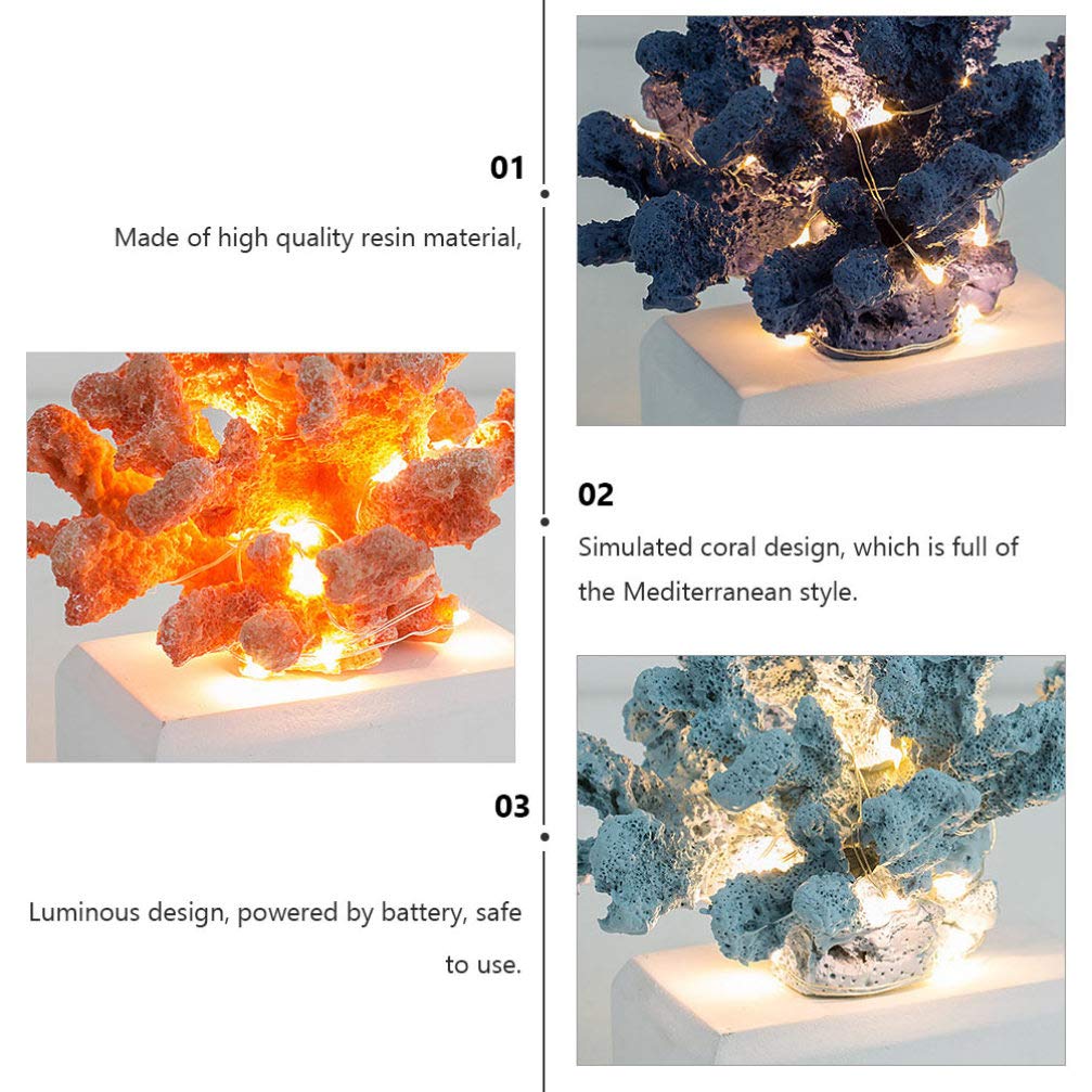 NUOBESTY Luminous Resin Coral Ornament Mediterranean Style Faux Coral Sculpture Table Decor Battery Operated for Home Office Restaurant