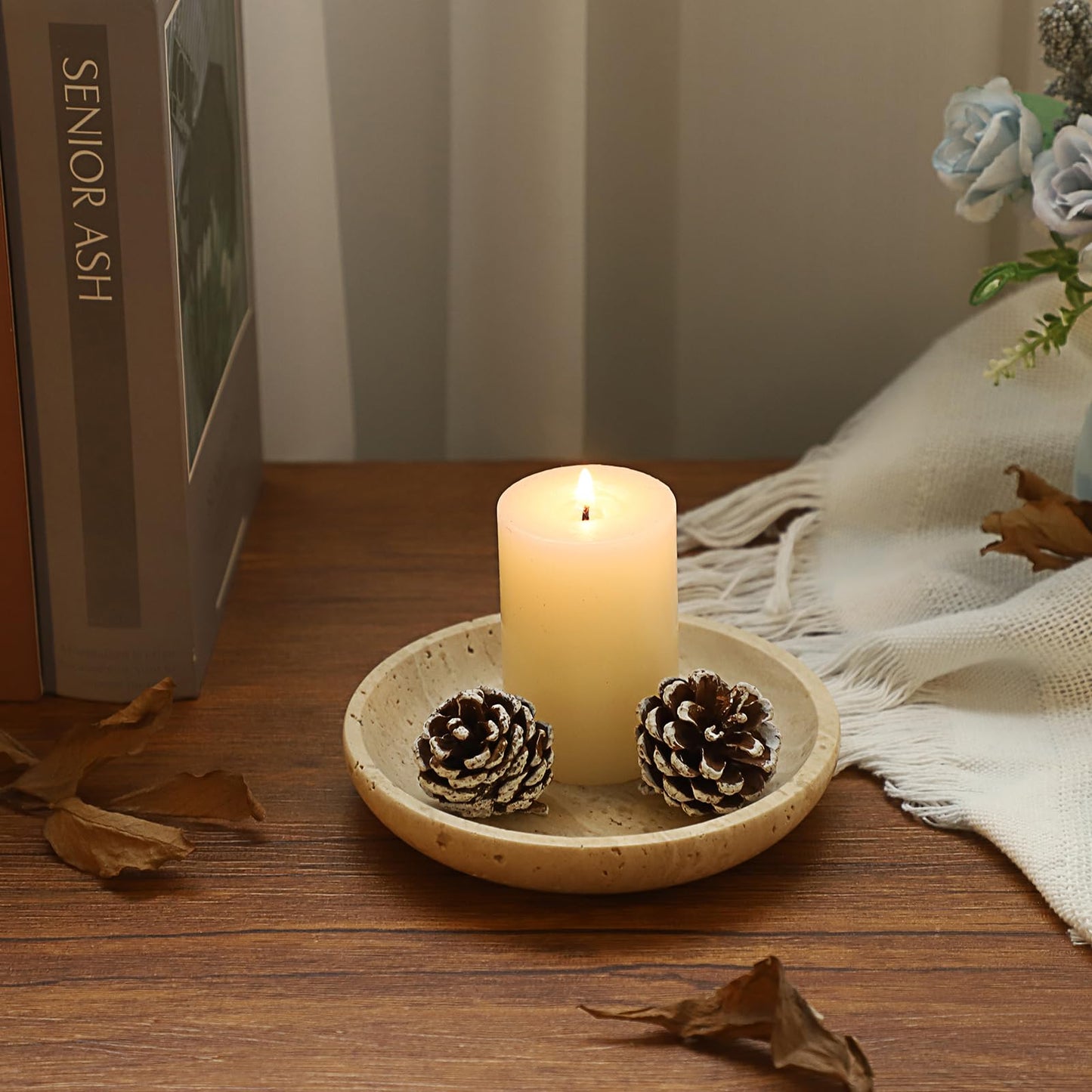 Hipiwe Small Key Bowl for Entryway, 5.5" Round Decorative Ring Holder Dish Natural Travertine Stone Trinket Tray Jewelry Dish Plate Candle Tray for Earring Necklaces Home Decor