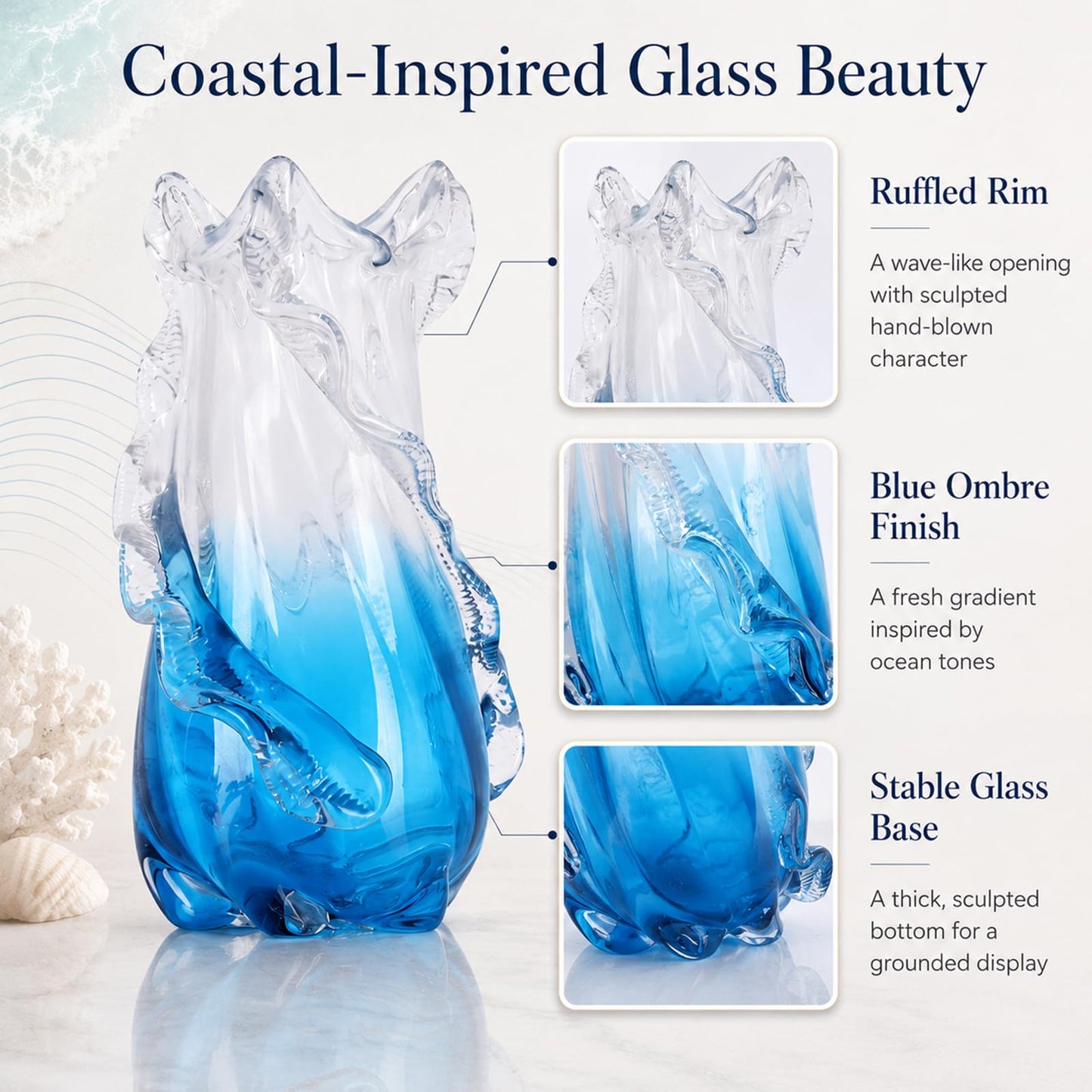 oliruim 12" H - Blown Blue Glass Vase, Unique Art Hand Blown Glass Vases for Coastal Home Decor Centerpiece, for Tabletop Shelf Mantel Entryway Room (Large)