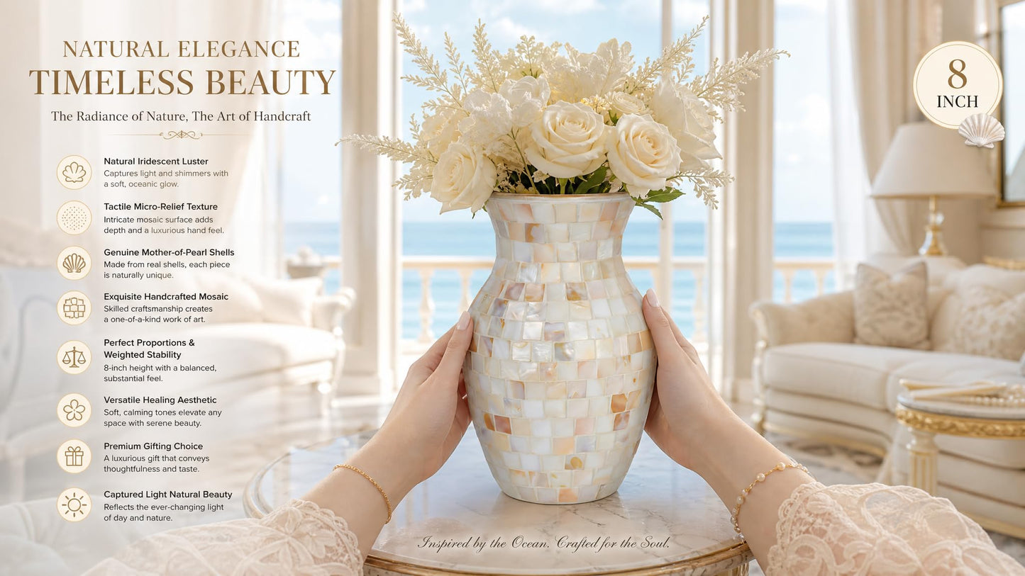 ZHIPINHUI 8" Natural Shell Mosaic Vase, Handmade Pearlescent Glass Flower Vase, Iridescent White Decorative Centerpiece for Bedroom, Bathroom, Coastal Home Decor & Wedding