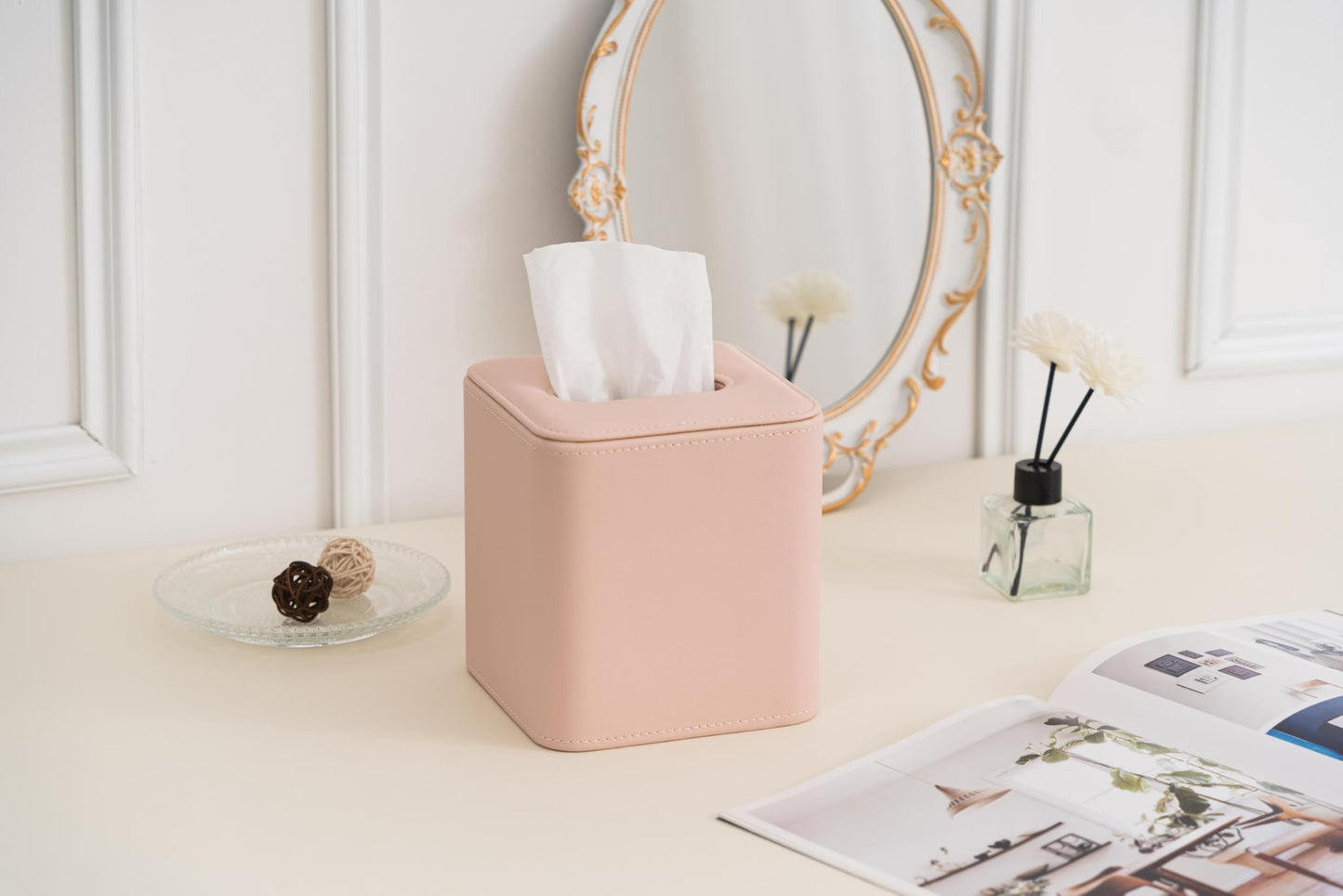 Ukwell Square Tissue Box Cover Faux Leather Tissue Holder Rounded Edge Girly Style Home Decor Piece for Bathroom Bedroom Living Room Office