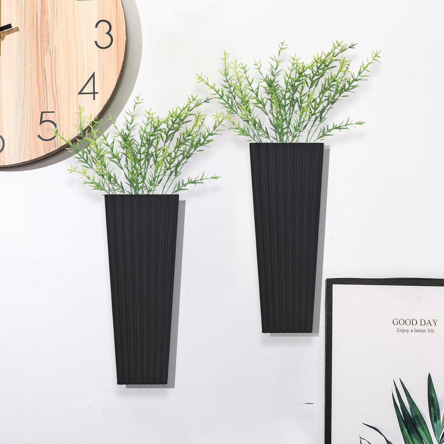 FENNIDICE 2Pack Black Wood Wall Planter for Indoor +2Pack Green Plants,Modern Wooden Hanging Planter for Dried,(Black) Abstract Vase Farmhouse Wooden Wall Decor