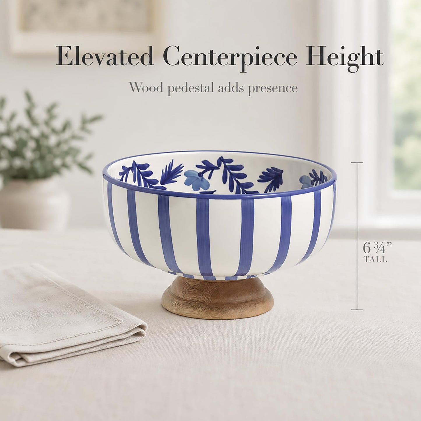 Mud Pie Blue Ceramic and Wood Pedestal Bowl