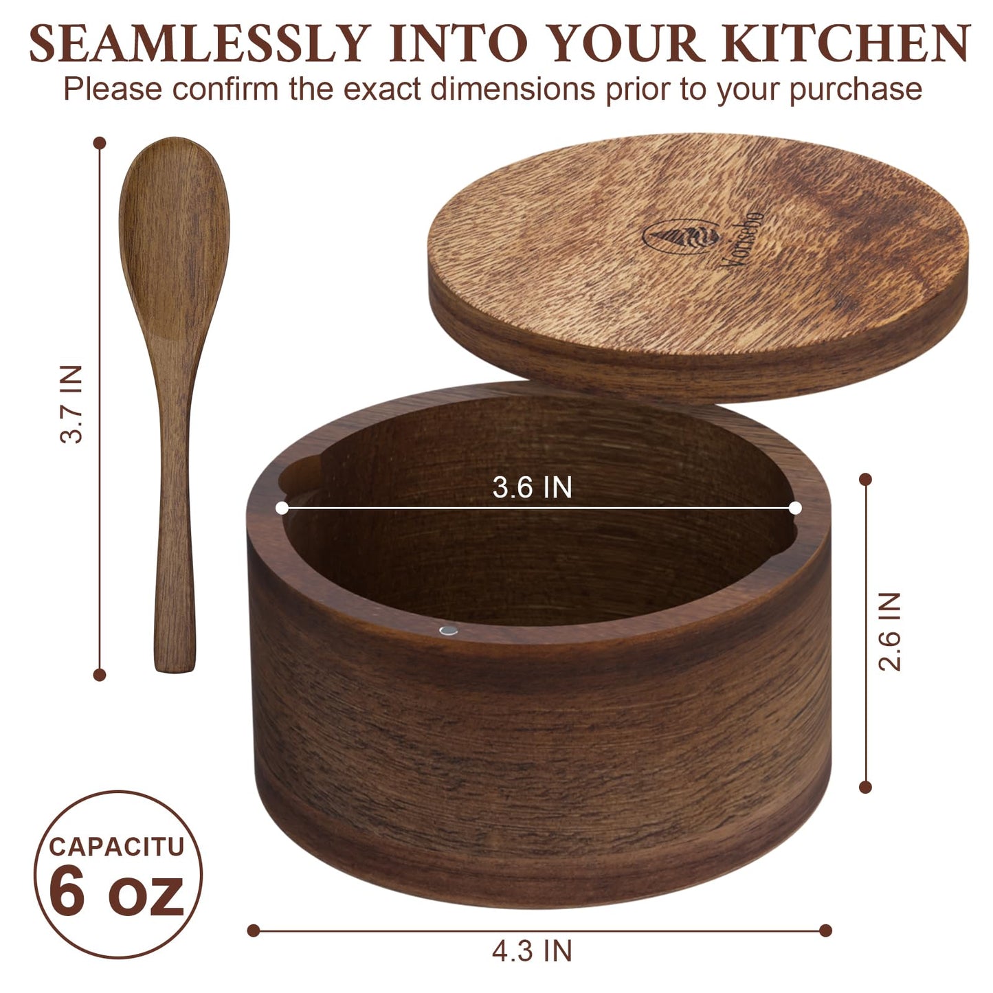 Vorisebo Acacia Wood Salt Container with Built-in Spoon, Elegant Salts Holder with Magnetic Swivel Lid, Salt Box for Kitchen to Storage Pepper, Spice or Favorite Seasonings, 6OZ