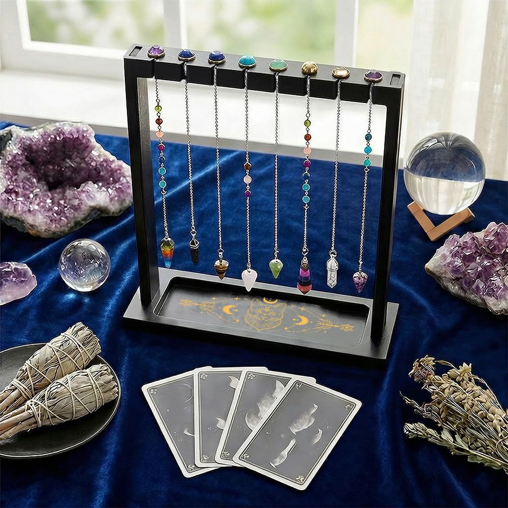 BEUNITONE Pendulum Crystal Holder, Cat Design Wooden Crystal & Jewelry Display Stand Divination Pendulum Storage Rack Tabletop Organiser for Necklaces, Stones and Home Decor