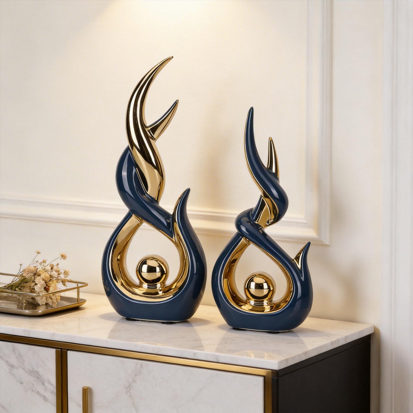 Blue and Gold Ceramic Abstract Sculpture Set of 2 Modern Medieval Style Sculpture Ideal for living room decor Serves as tabletop ornament for coffee tables, TV stands, mantelpieces, and entryways.