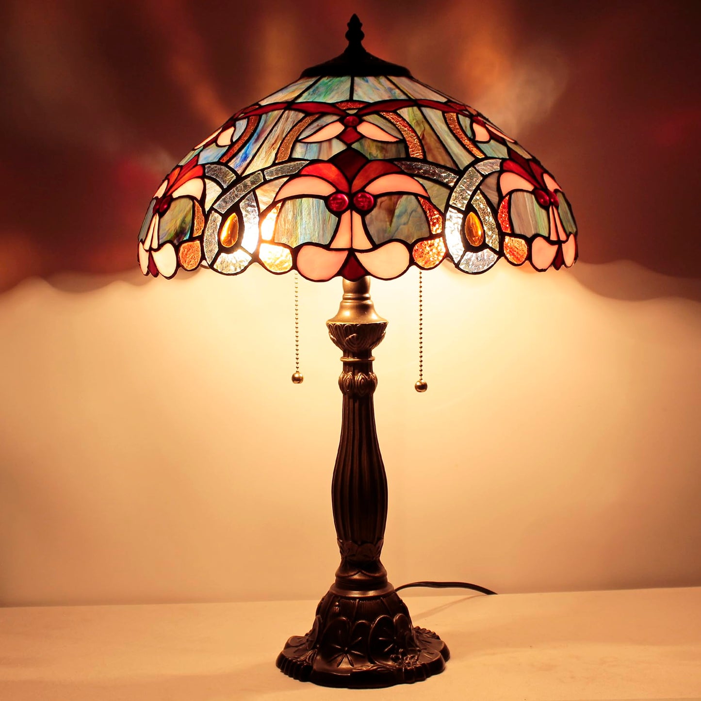 WERFACTORY Tiffany Lamp Blue Pink Stained Glass Bedside Table Lamp