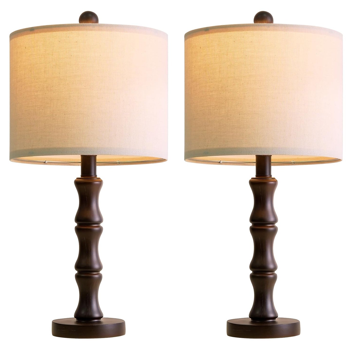 BOBOMOMO 20.5" Classic Table Lamps Set of 2, Farmhouse Nightstand Lamps with Dark Wood Grain Resin Base & Linen Shade, Small Bedside Lamps for Bedroom, Living Room, Home Office & Cozy Apartment Décor