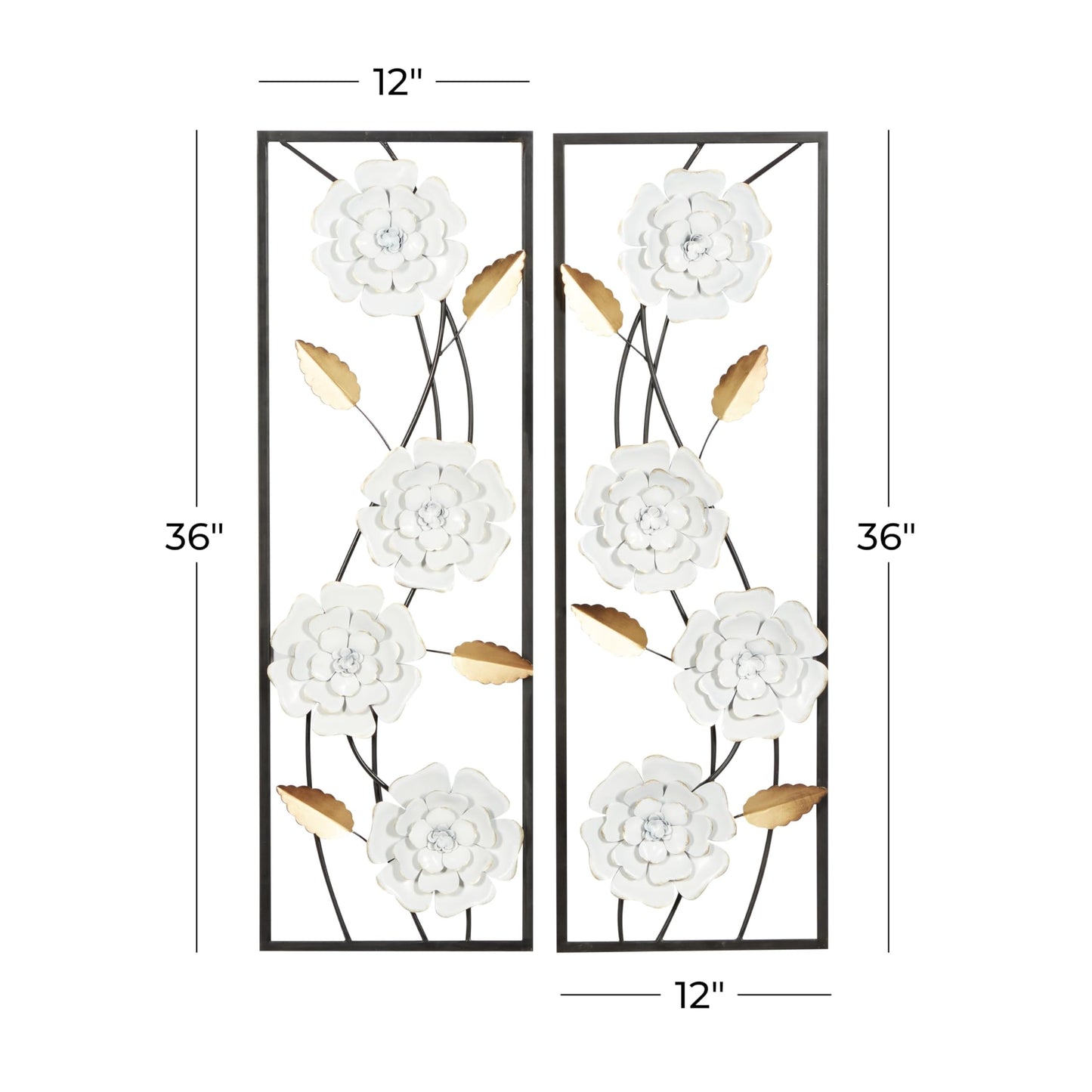 Deco 79 Metal Floral Home Wall Decor Dimensional Floating Wall Sculpture with Black and Gold Accents, Set of 2 Wall Art 12"W, 36"H, White & Gray