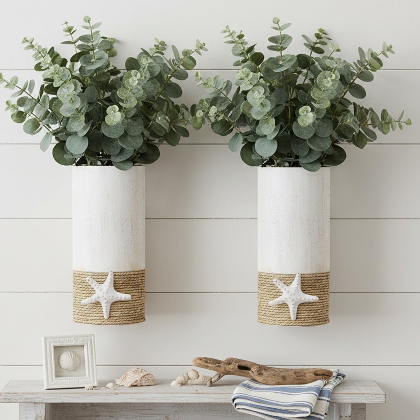 2 Pack White Metal Wall Vase,Coastal Wall Vase for Flowers(No Artificial Flowers Included), Coastal Decor Hanging Vases,Coastal Home Decor for Living Room,Entrance,Hallway,Bedroom (White Wall Vases)