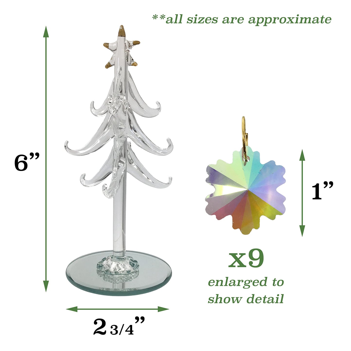 Tabletop Christmas Tree - Spun Glass with Gold Trimmed Star - Includes 9 Iridescent Crystal Snowflake Ornaments - Mirrored Base is 2 3/4" D - Tree is 6" H