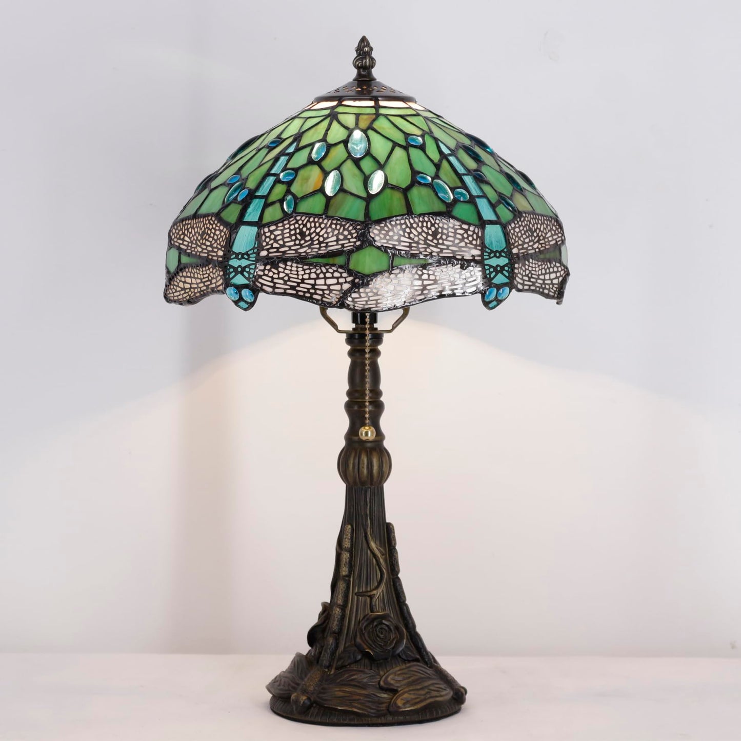 ANYONGLU Tiffany Lamp Stained Glass Table Lamp 12X12X19 Inch Resin Base for Desk Bedroom Living Room Reading Light (Green Dragonfly)