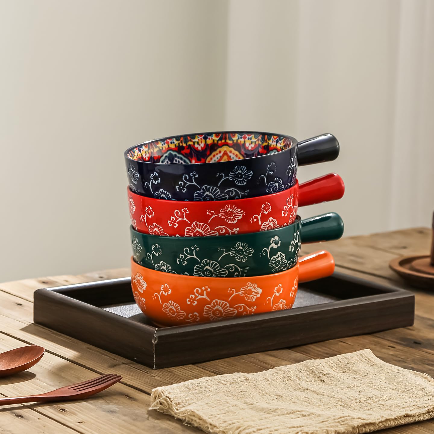 JINNTHE 1PC Ceramic Soup Bowl with Handle – 23oz, 9 Inches Bowl Handmade Shallow Bowl Colorful Floral Microwave & Dishwasher Safe Pasta/Salad Dish Bohemian Style Navy Blue