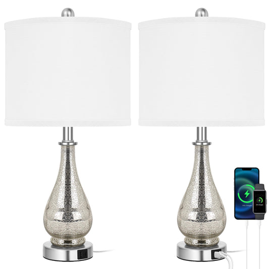 TPAMSWO Glass Table Lamps Set of 2, Modern 23.5” High Hand-Applied Silver Mercury Glass Bedside Lamps, for Bedroom Living Room Home Nightstand Table Lamp(with USB C+A 5V 2.1A Charging Ports)