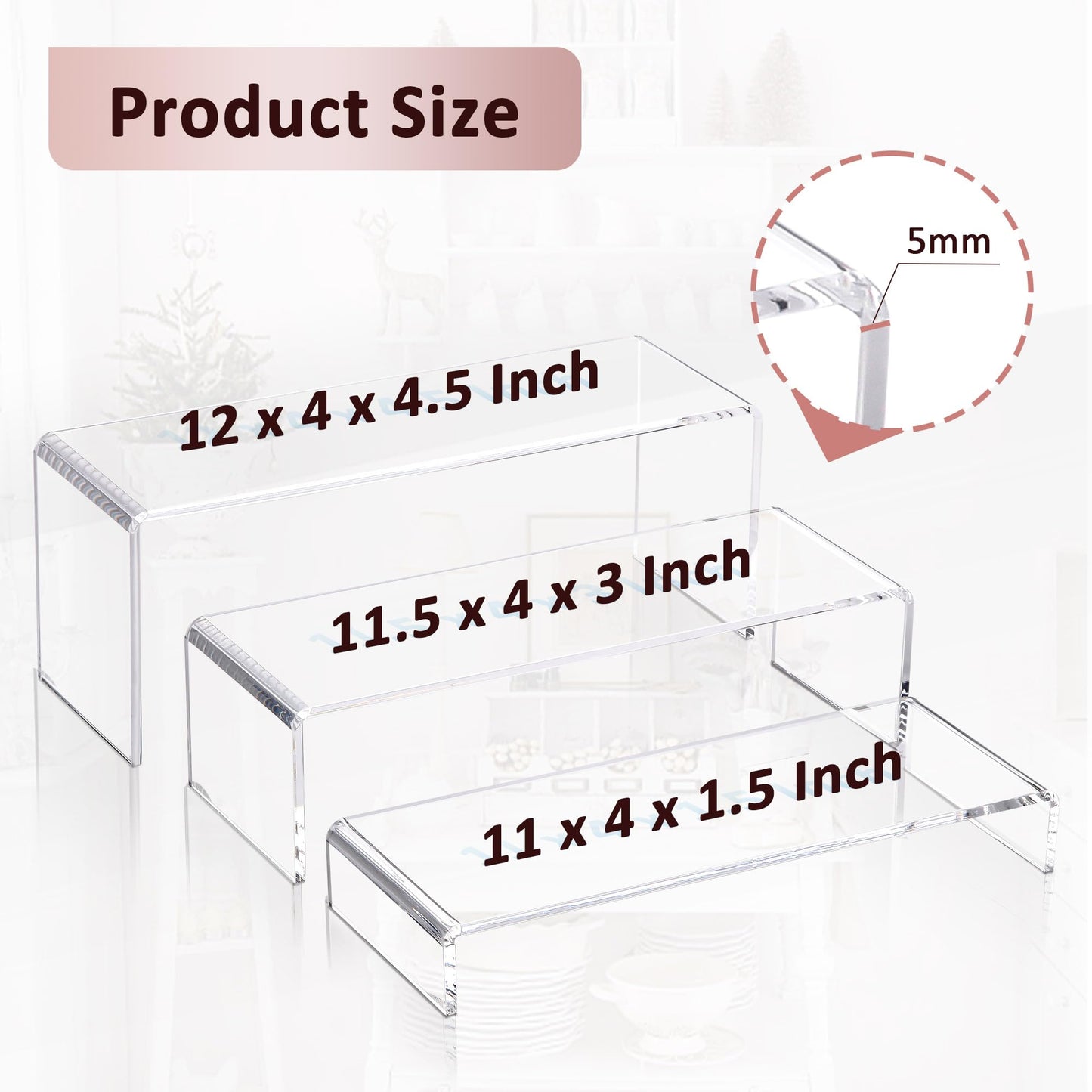 LFTYTUO 1 Set Large Acrylic Clear Display Risers, 3 Sizes 12" Rectangular Showcase Collectibles Display Shelf, 5 mm Thick Desktop Display Stand Holder for Figures, Jewelry, Perfume, Toys