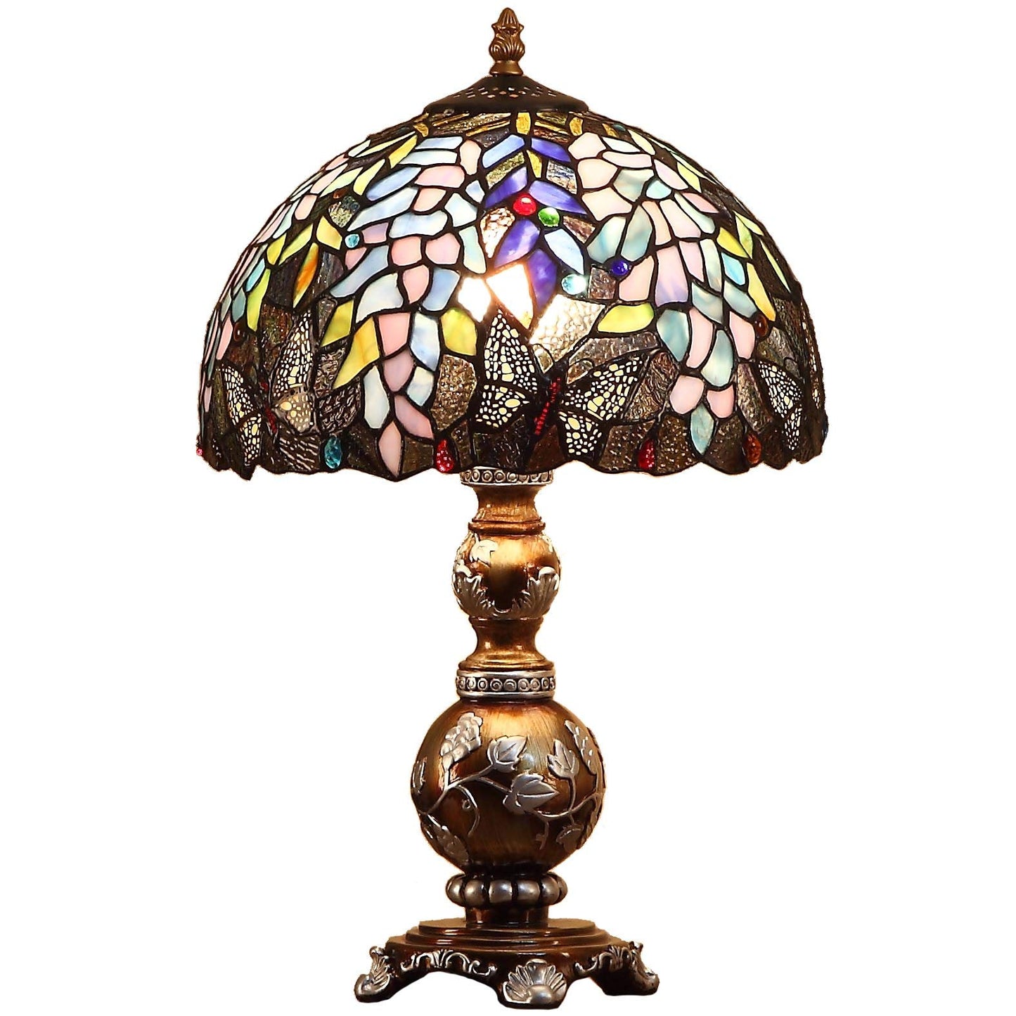 Bieye L10568 Wisteria Flowers Butterflies Tiffany Style Stained Glass Table Lamp with 12-inch Wide Lampshade, 19-inch Tall
