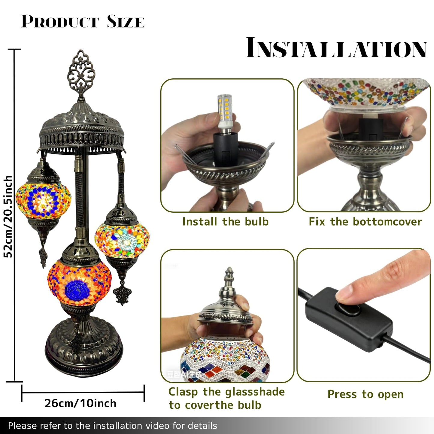 XUMAIDENG Turkish Moroccan Table Lamp Tiffany Style 3 Globes Mosaic Table Lamp Glass Bedside Lamps for Bedroom Living Room Handmade Stained Glass Lamp Vintage with Bronze Base Included LED Bulb