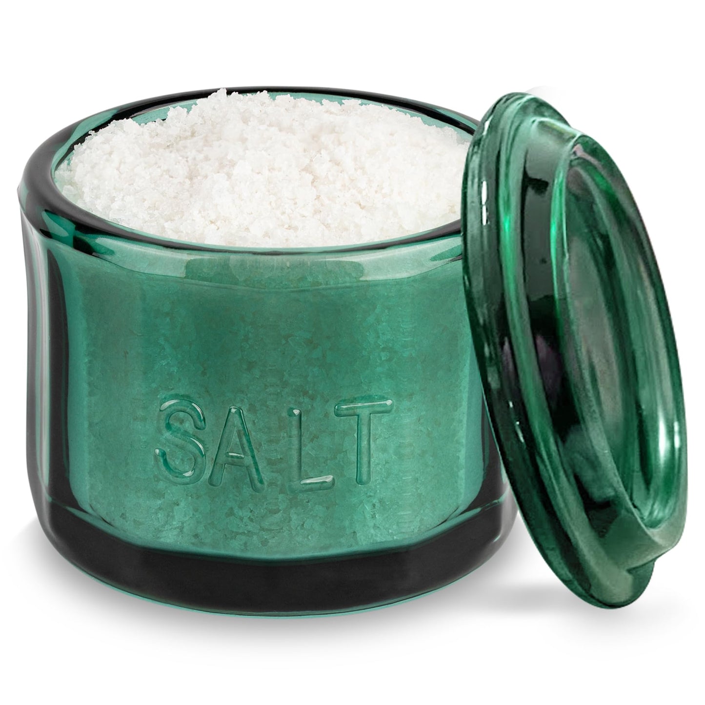 KooK Glass Salt Cellar, with Lid, Embossed Pressed Glass, Clear Storage Container, for Coffee, Sugar, Spices and Candies, 10 oz (Emerald Green)