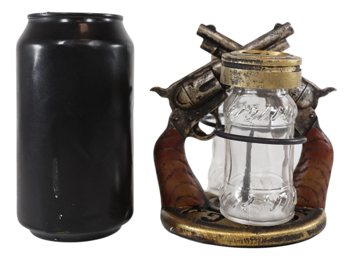 Ebros Gift Rustic Western Cowboy Outlaw Decorative Dual Six Shooter Gun Pistols Decorative Base Holder with Bullet Casing Top Glass Salt and Pepper Shakers Sculpted Resin Figurine Set