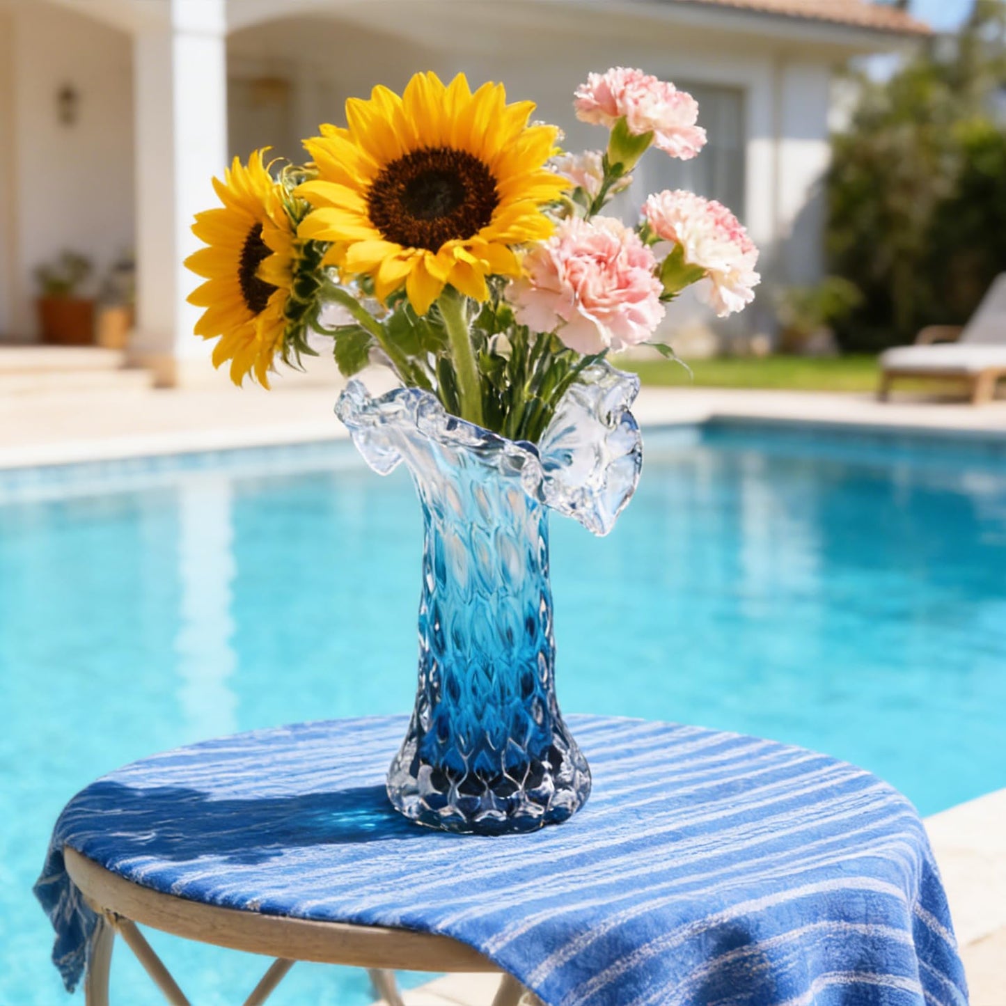 Unique Waves Hand Blown Crystal Glass Vase - Blue Gradient Flower Vase for Home Decor& Living Room Table, Centerpieces & Gift