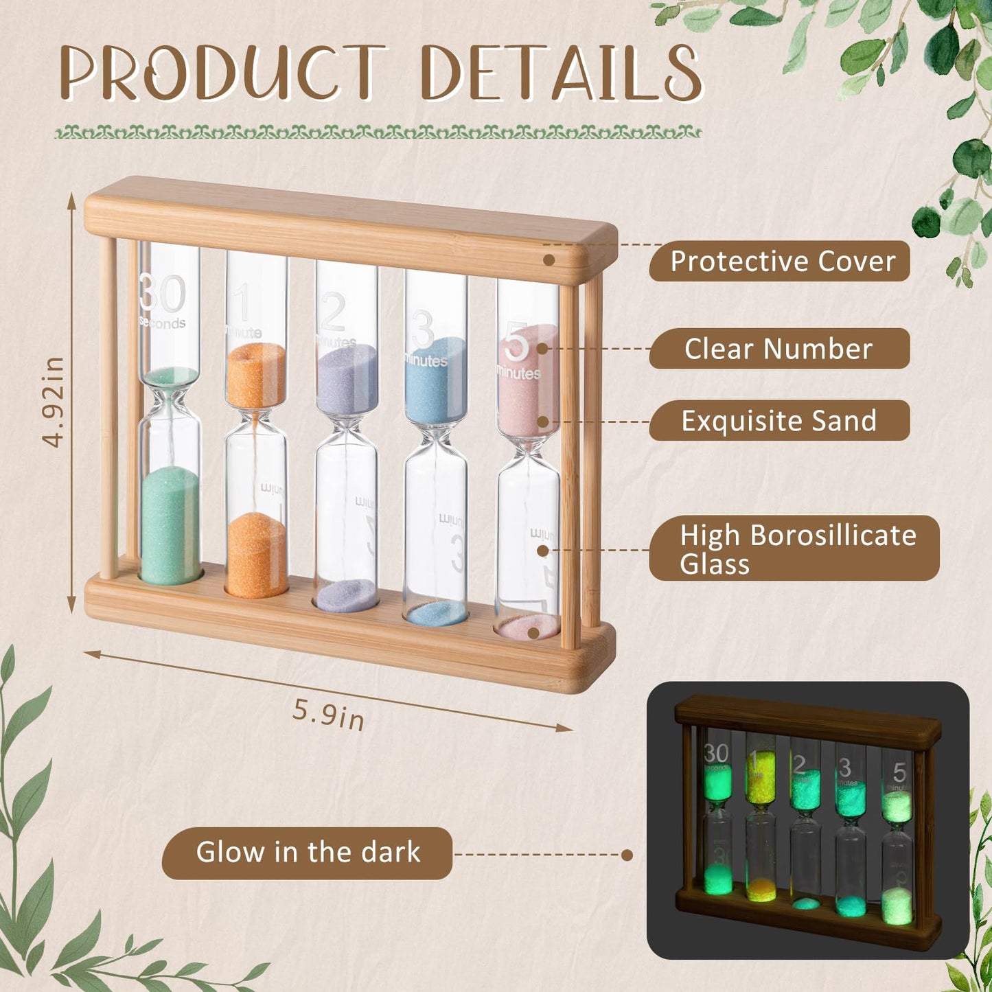 Halloscume Glow in The Dark Sand Timer 0.5/1/2/3/5 Wooden Sand Glass Luminous Hourglass Creative Timing Tools for Decorations Brush Teeth Home Office Cooking Classroom