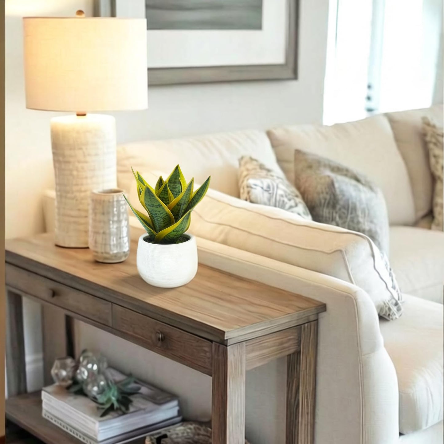 EVERLNESTIO 8" Fake Snake Plant & Faux Agave in White Ceramic Pot | Pet-Friendly Low-Light Sansevieria Greenery, Real Touch Small Fake Plant for Home Office Desk, Bookshelf, Bathroom Decor