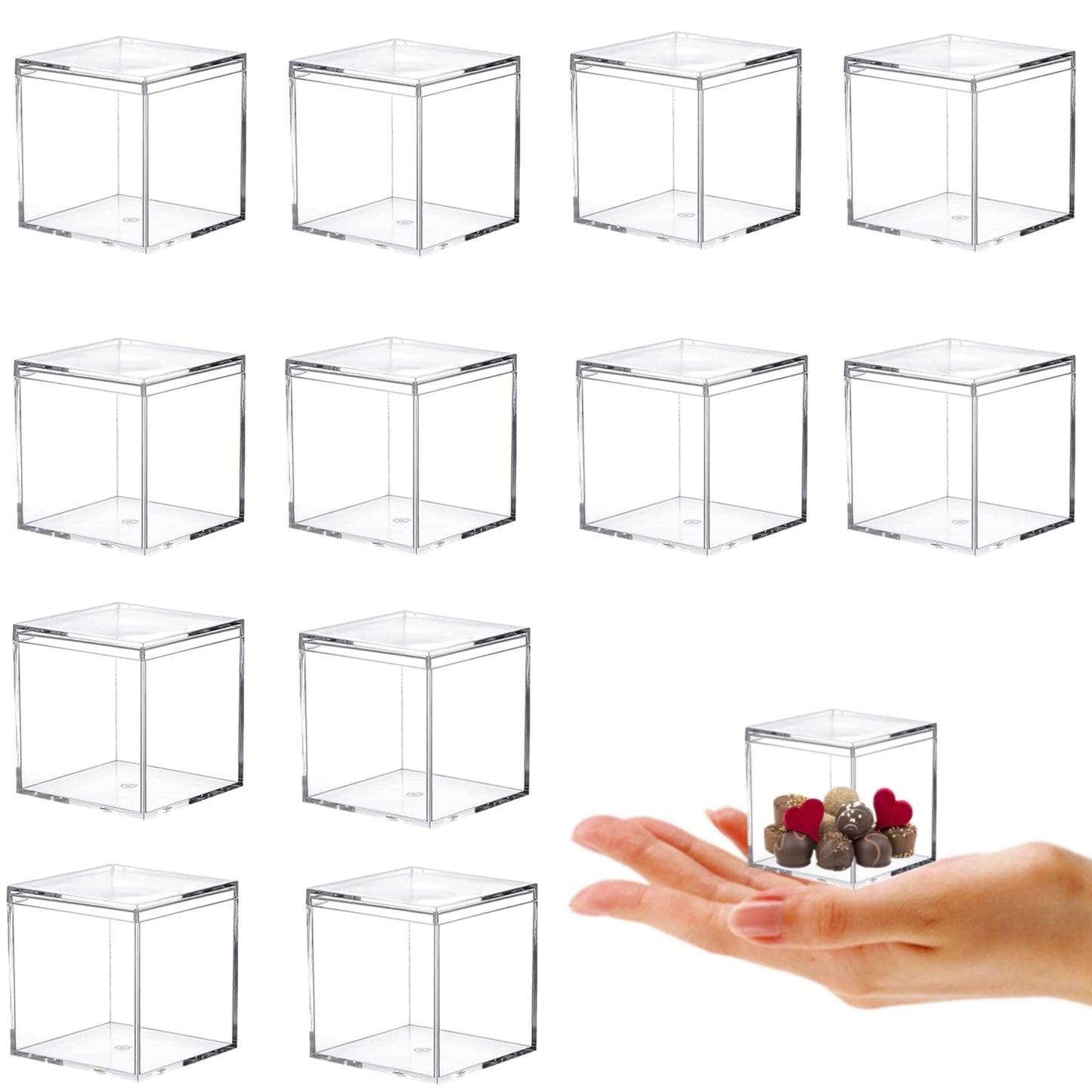 KissYou Acrylic Box Small Clear Boxes with Lid 12 Packs Small Acrylic Candy Box Display Square Cube Wedding Birthday Graduation Party Decorative Boxes