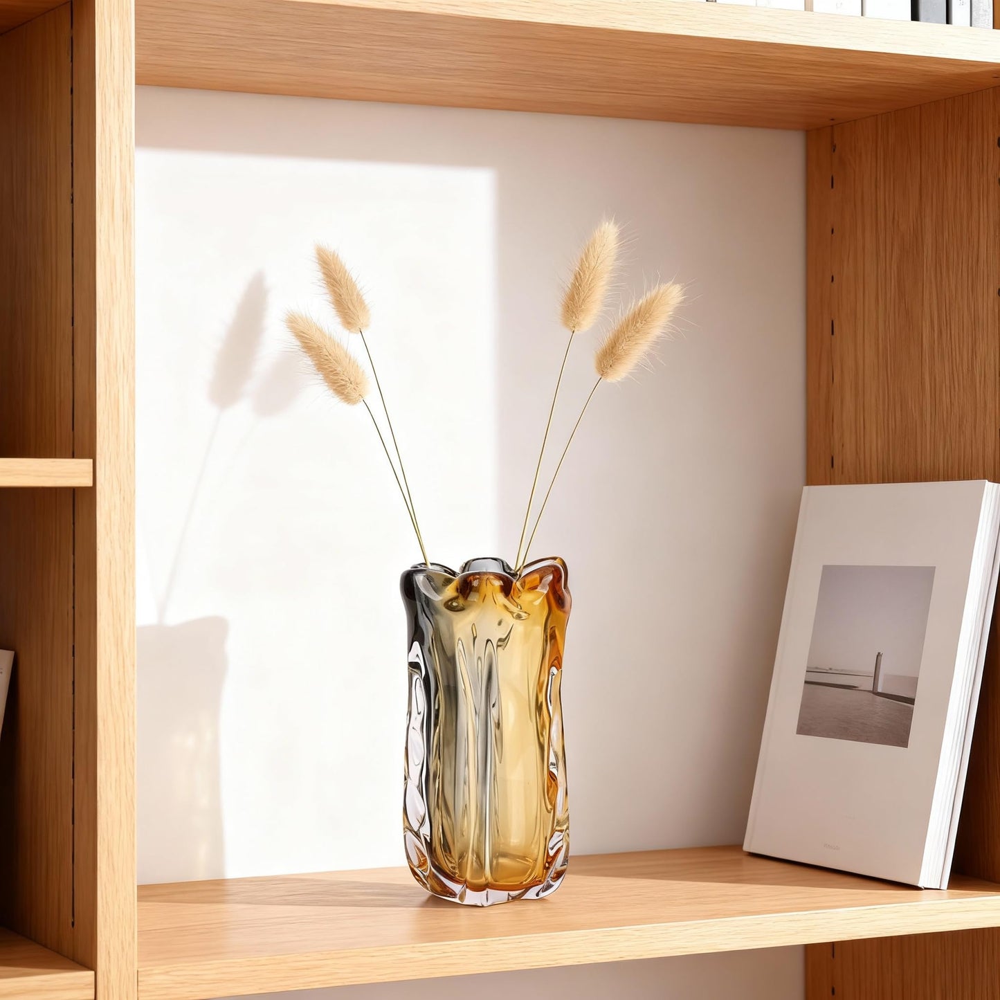 Amber Wide Mouth Vase for Flowers, Decorative Vases for Home Decor, Hand-Blown Murano Art Glass, Modern Art Deco Cut Glass,High-End Unique Designer Centerpiece,Living Room Table Shelf, Plants(Amber,M)