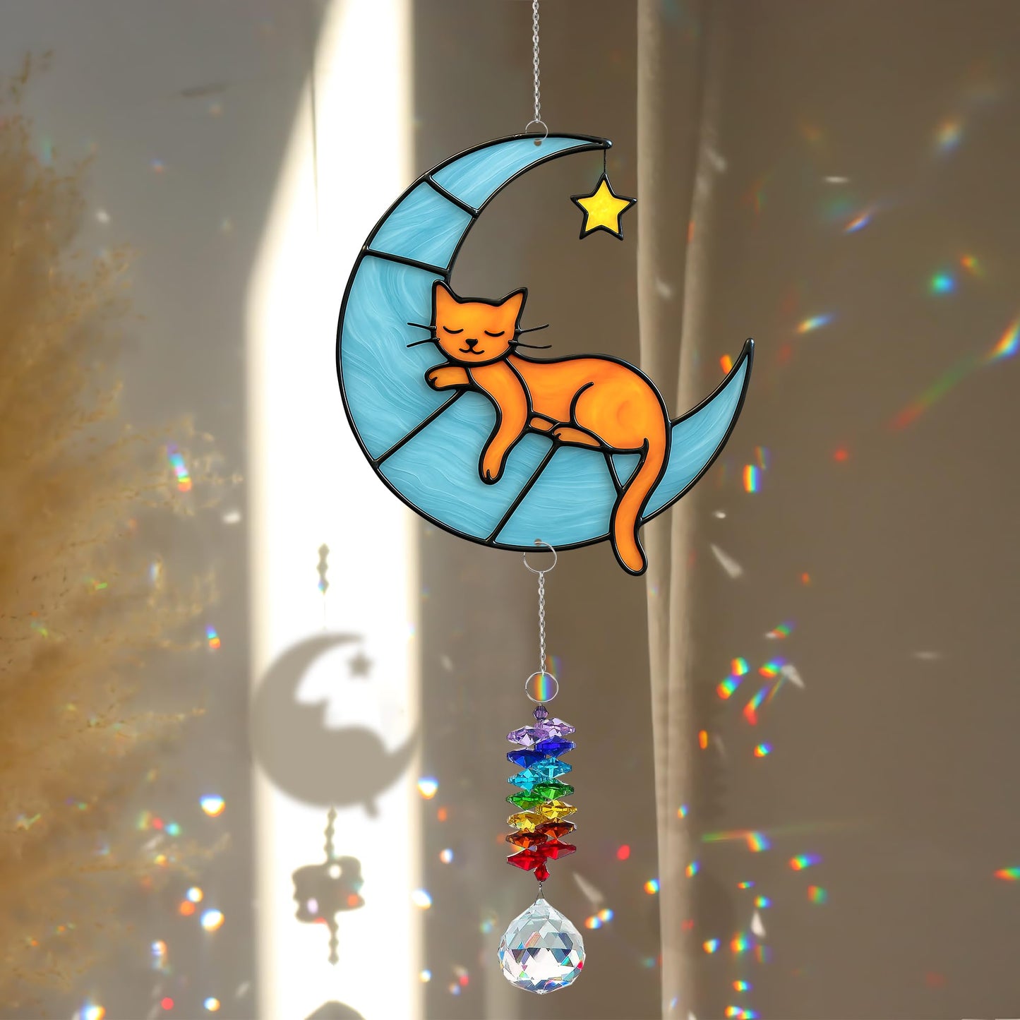 MALFIRST Orange Cat Suncatcher – Cute Orange Cats Hanging on Crescent Moon – Tabby Cat Gifts for Women, Home Window or Garden Decor