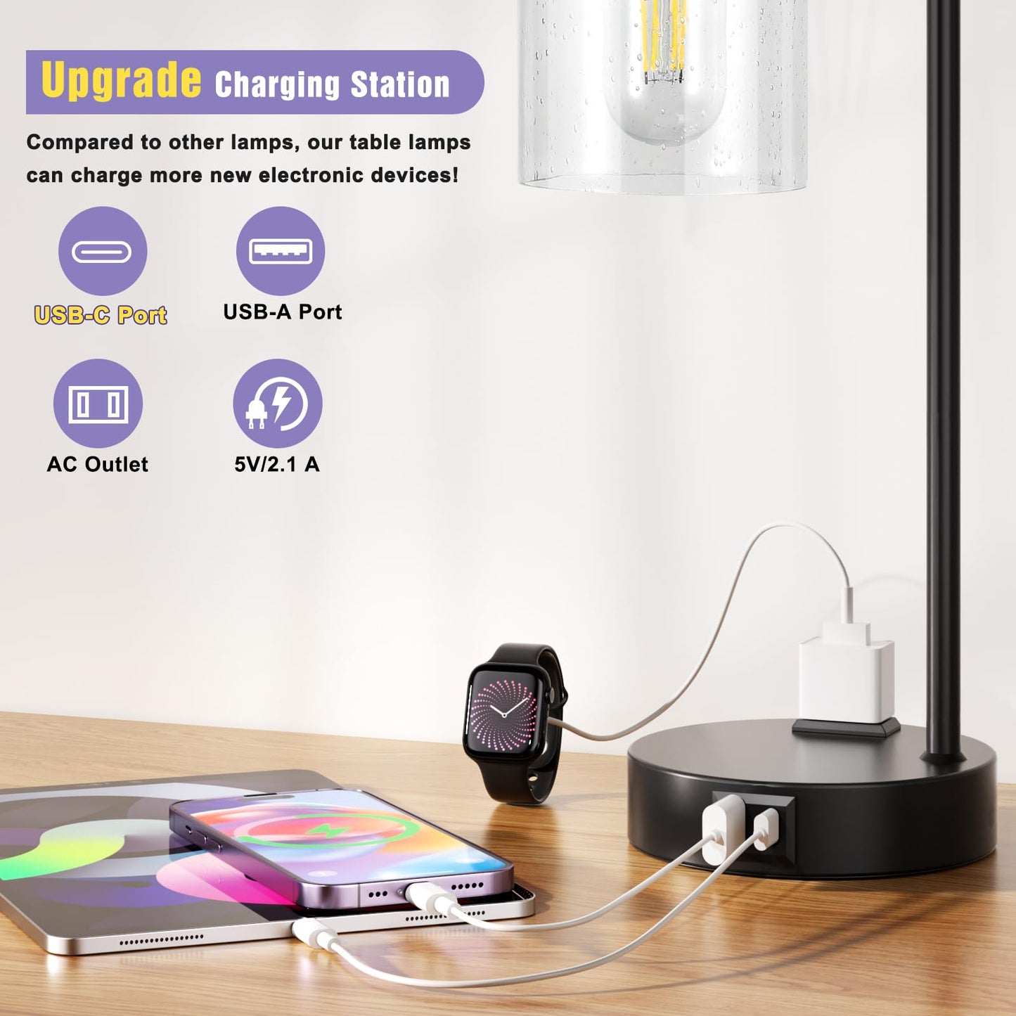 Industrial Touch Table Lamps for Bedrooms Set of 2 - 3-Way Dimmable Lamps with USB C+A Ports and Outlet, Black Bedside Lamps with Seeded Clear Glass Shade for Living Room, Desk Lamps for Home Office