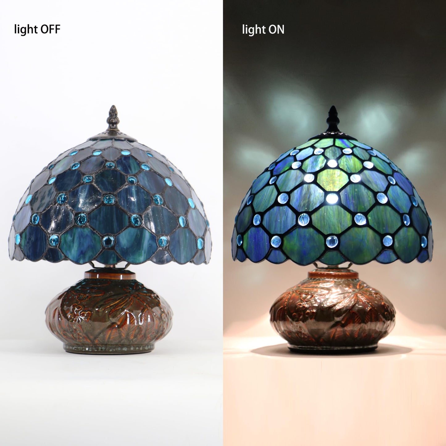 LXHCYOU Small Tiffany Table Lamp, 10X10X11 Inch Mini Stained Glass Mushroom Desk Light Memory Sympathy Ceramic lamp (Sea Blue Pearl Style)