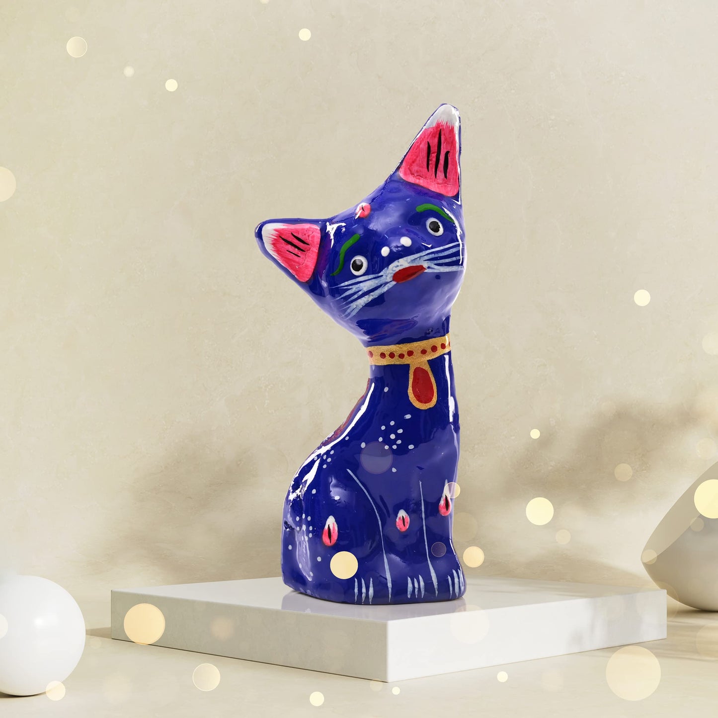 Tarini Gallery Minakari Traditional Indian Rajasthani Décor Hand Painted Statue Sculpture Diwali Christmas Festive Decoration Showpiece for Table Home Office and Gifting (Blue Cat)
