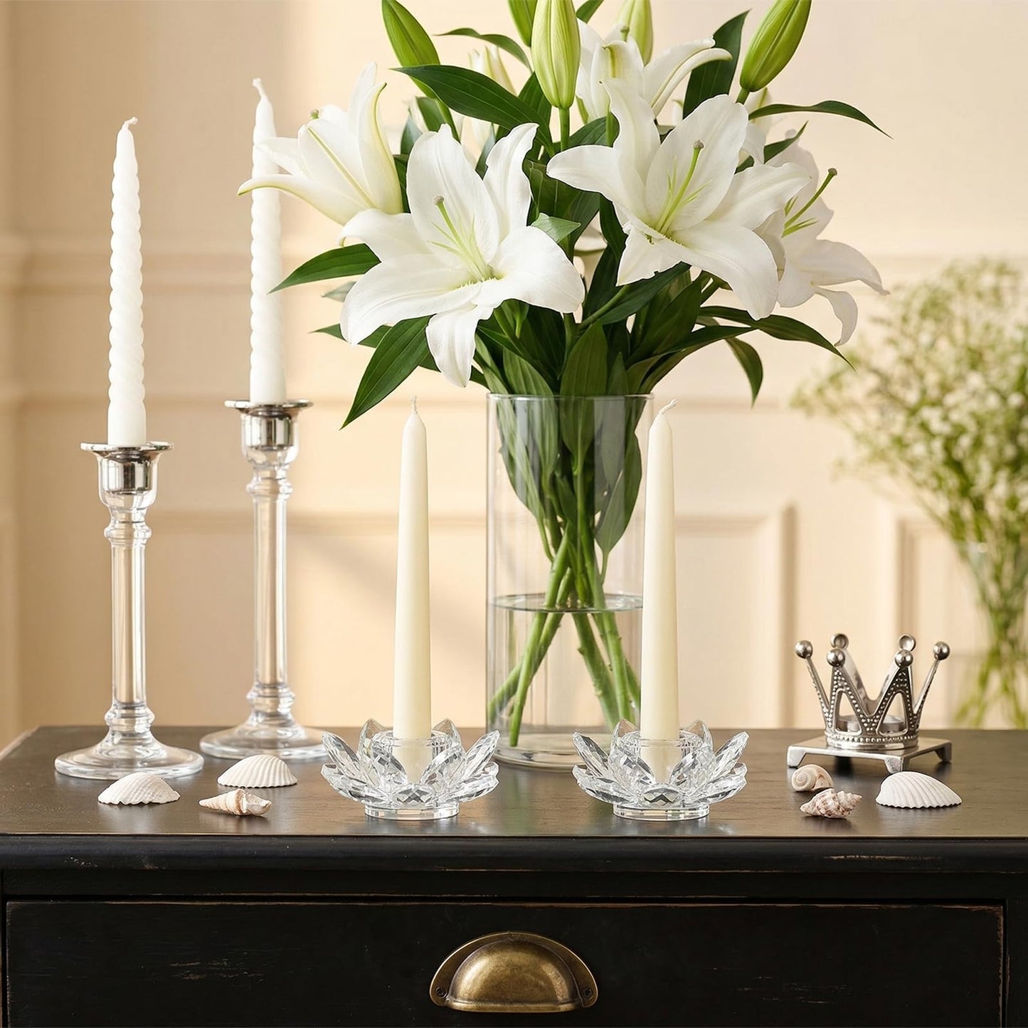 Crystal Lotus Taper Candle Holder, Glass Candlestick Holder, Fits 0.9" Taper Candles, Exquisite Faceted Design for Wedding Dining Table Home Decor Party Centerpiece,Nice Gift for Her (2, Clear)