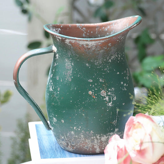BIG FORTUNE Decorative Pitcher Vase Large Rustic Farmhouse Vase for Flowers Vintage Metal Milk Jug Vintage Decorative Pitcher Kitchen Decorations (Green)