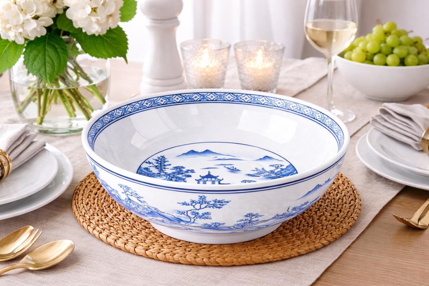 Festcool 12 Inch Blue and White Porcelain Bowl, Large Chinese Decorative Centerpiece Bowl, Oriental Landscape Ceramic Bowl for Tabletop, Fruit Display, Kitchen Counter and Home Décor