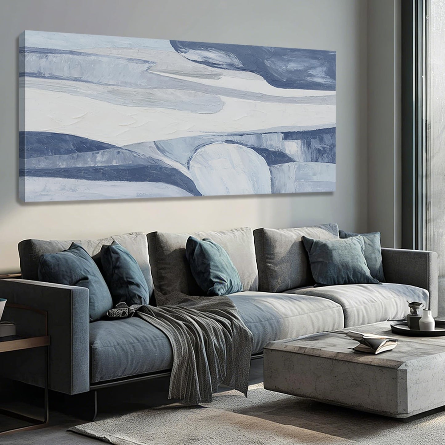 Hue7Art Abstract Blue and White Canvas Wall Art Contemporary Minimalist Landscape Artwork with Flowing Lines for Living Room Bedroom Office Entryway Wall Decor 29x58 Inch