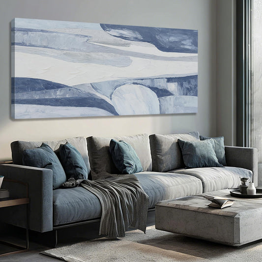 Hue7Art Abstract Blue and White Canvas Wall Art Contemporary Minimalist Landscape Artwork with Flowing Lines for Living Room Bedroom Office Entryway Wall Decor 29x58 Inch