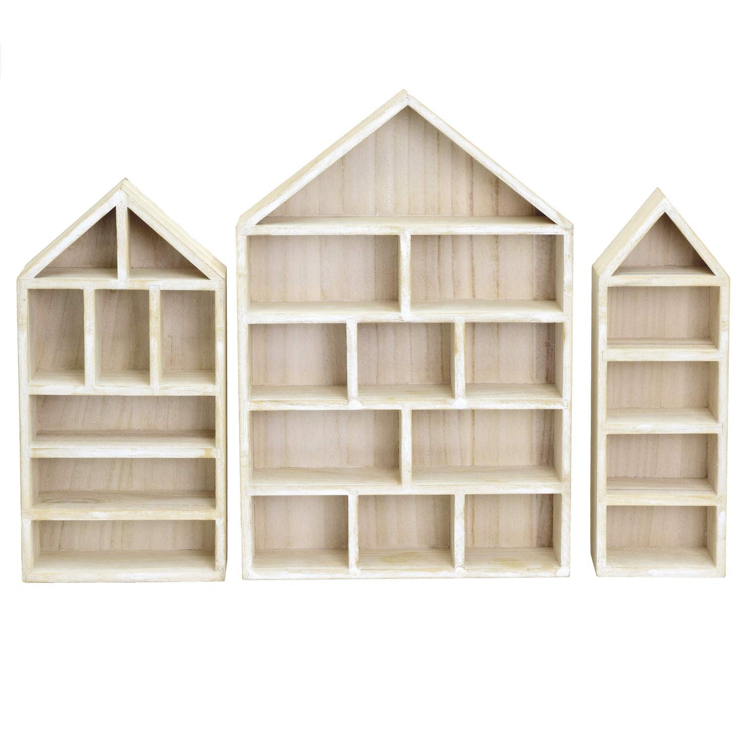 Ikee Design House-Shaped Wooden Shadow Cubby Box Display Shelf Organizer Storage Shadow Box for Mini Figures, Set of 3, Wash White Color, 10 W x 2 1/4 D x 15 H in