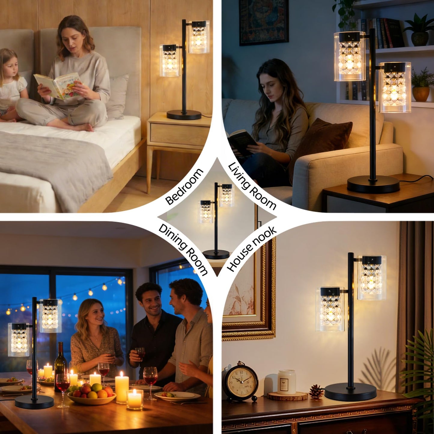 TYhogar Crystal Table lamp-Modern Black Lamps for Living Room,Plug in Bedside Lamps with Switch,Elegant Desk lamp for Room Decor,Bedroom,Dining Room,23" Tall