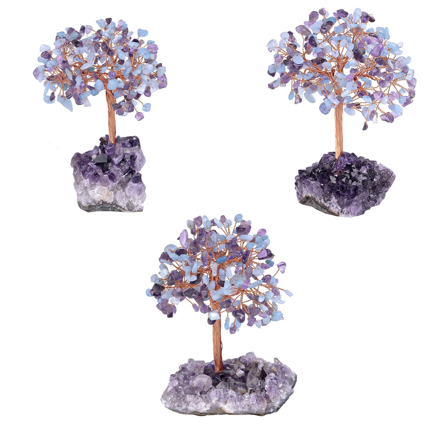Cheungshing Healing Crystals Money Tree with Natural Amethyst Base, Crystal Stone Feng Shui Bonsai Figurines Tree of Life Decoration for Home Table Office, Amethyst & Aquamarine