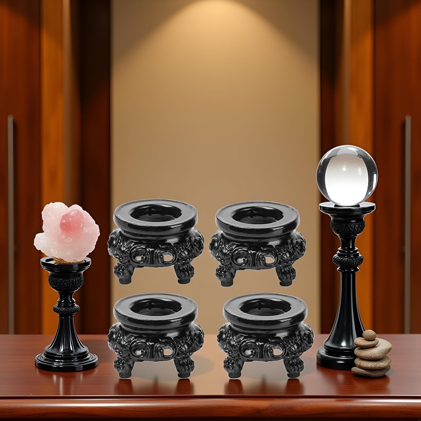 4Pcs Black Wooden Display Stand for Crystal Sphere Quartz Ball Holder Hollow Wood Stand Base for Crystal Ball Sphere Globe Stone Decoration Display Pedestals Display Stands Display Stands Home Decor