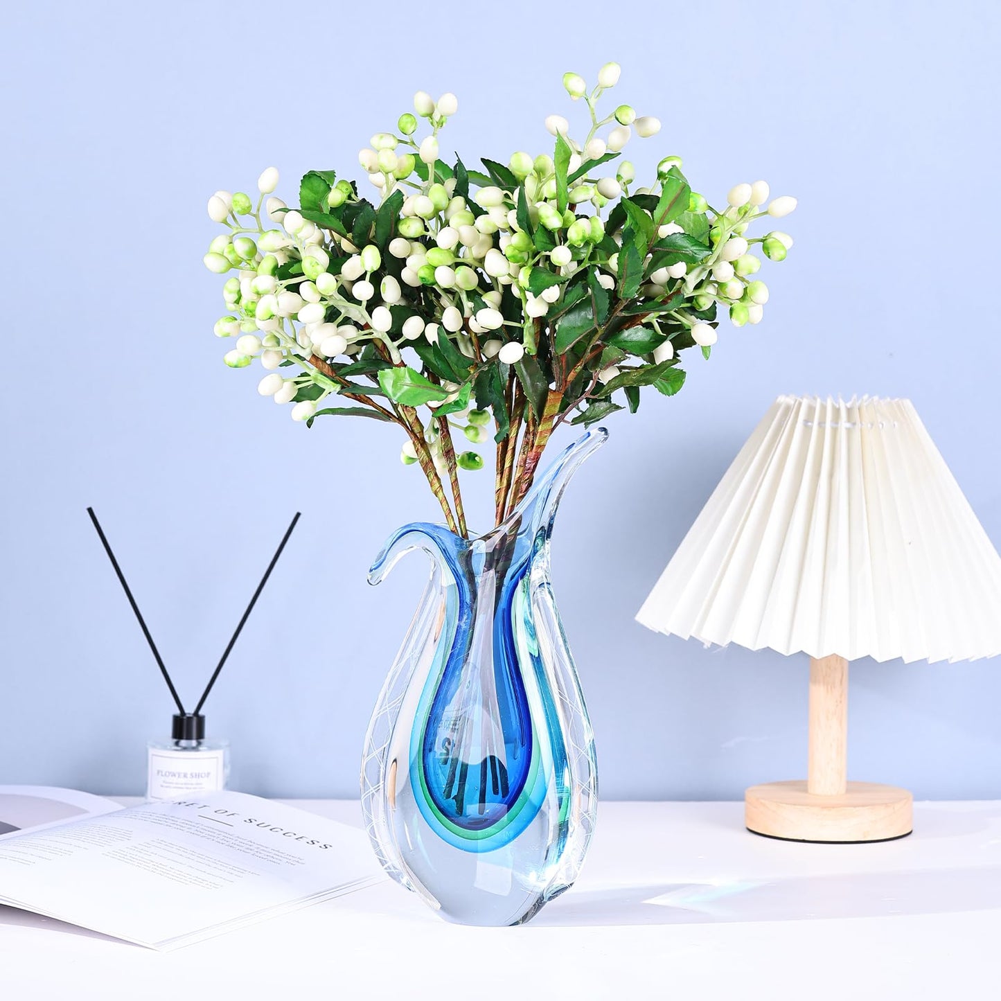 Blown Glass Blue vase, Unique Murano Style Glass Art Deco vase for Living Room TV Stand, Table Setting, Office, Room and Desktop Decorations and Ornaments.