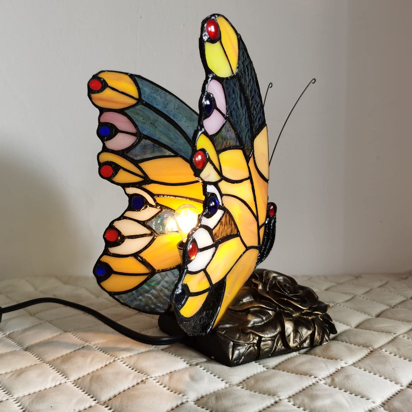 FUMAT Bedside Table Lamp LED Tiffany Table Lamps Yellow Butterfly Stained Glass Shade ON Off Switch Night Light Side Table lamp for Living Room Bedroom Farmhouse Mothers Day Gifts
