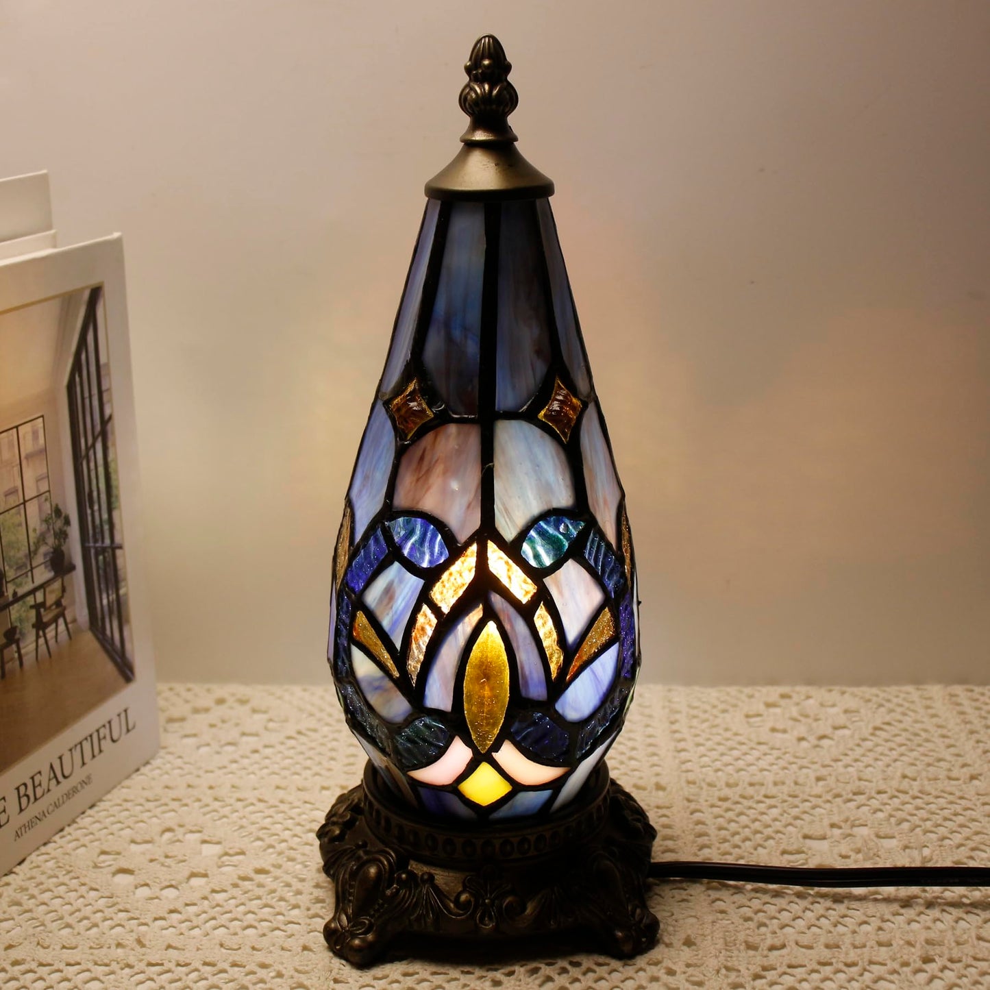 TCODTPOL Small Tiffany Lamp Stained Glass Table Lamp 5.5X11 Inch Christmas Tree Lighthouse Mini Accent Memory Sympathy Antique Night Light for Bedroom Living Room (Blue Purple)