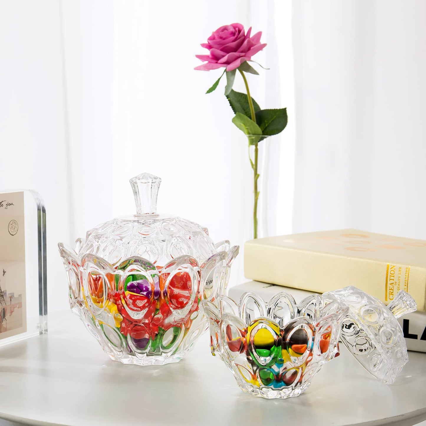 Glass Candy Dish With Lid, Crystal Clear Large Covered Bowl Cookie Jar Candy Buffet Storage Container for Home and Kitchen Office (Small. H: 4.5", D: 4.5")