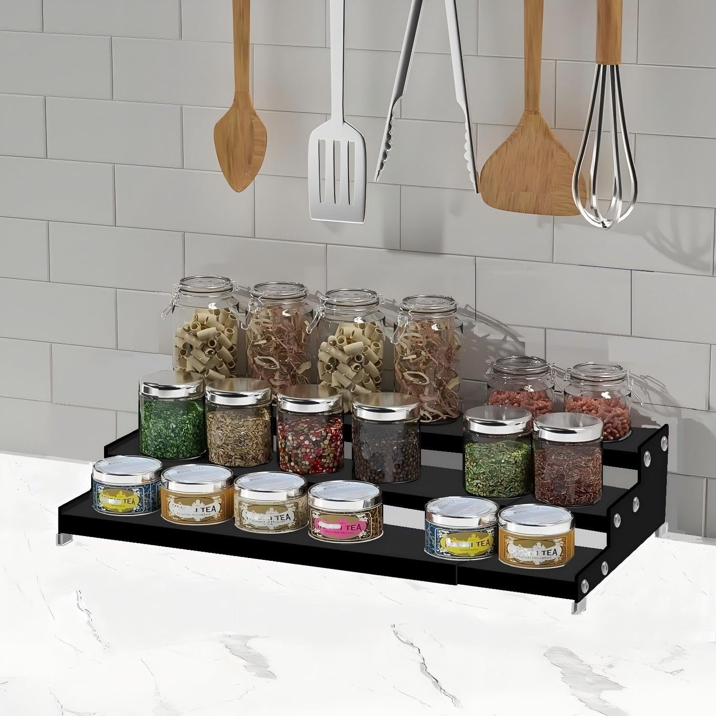 Jojocross Spice Rack Organizer 3 Tier Expandable Display Shelf(12.8"-24.01" W) Non-Skid Heavy Duty Sturdy Metal Iron Alloy Steel Step Racks 1 Pack/Black
