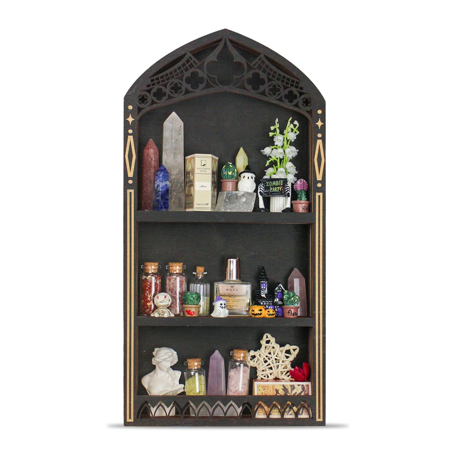 Gothic Crystal Shelf Display for Wall, Wooden Trinket Shelf Rock Gem Healing Stone Display Shelf Wall Mounted, Crystal Holder Trinket Organizer Knick Knack Shelf, Gothic Witchy Decor Gifts for Women