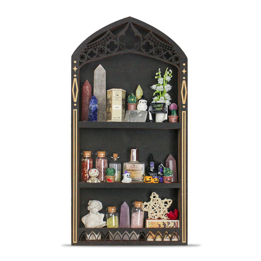 Gothic Crystal Shelf Display for Wall, Wooden Trinket Shelf Rock Gem Healing Stone Display Shelf Wall Mounted, Crystal Holder Trinket Organizer Knick Knack Shelf, Gothic Witchy Decor Gifts for Women