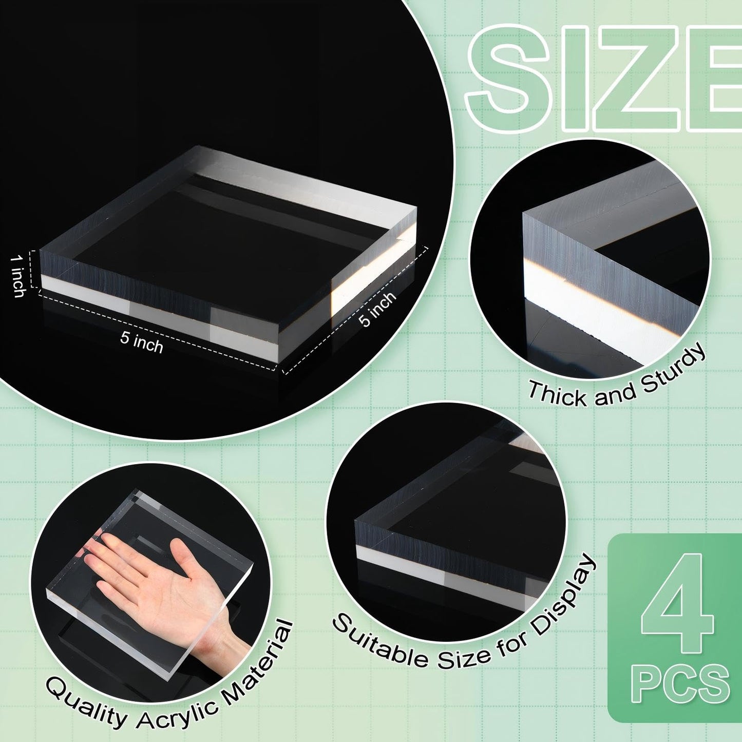 Qunclay 4 Pcs 5 x 5 x 1 Inches Acrylic Square Display Block Clear Polished Acrylic Cubes Jewelry Display Stand for Jewelry Ring Showcase Holder Base Collections