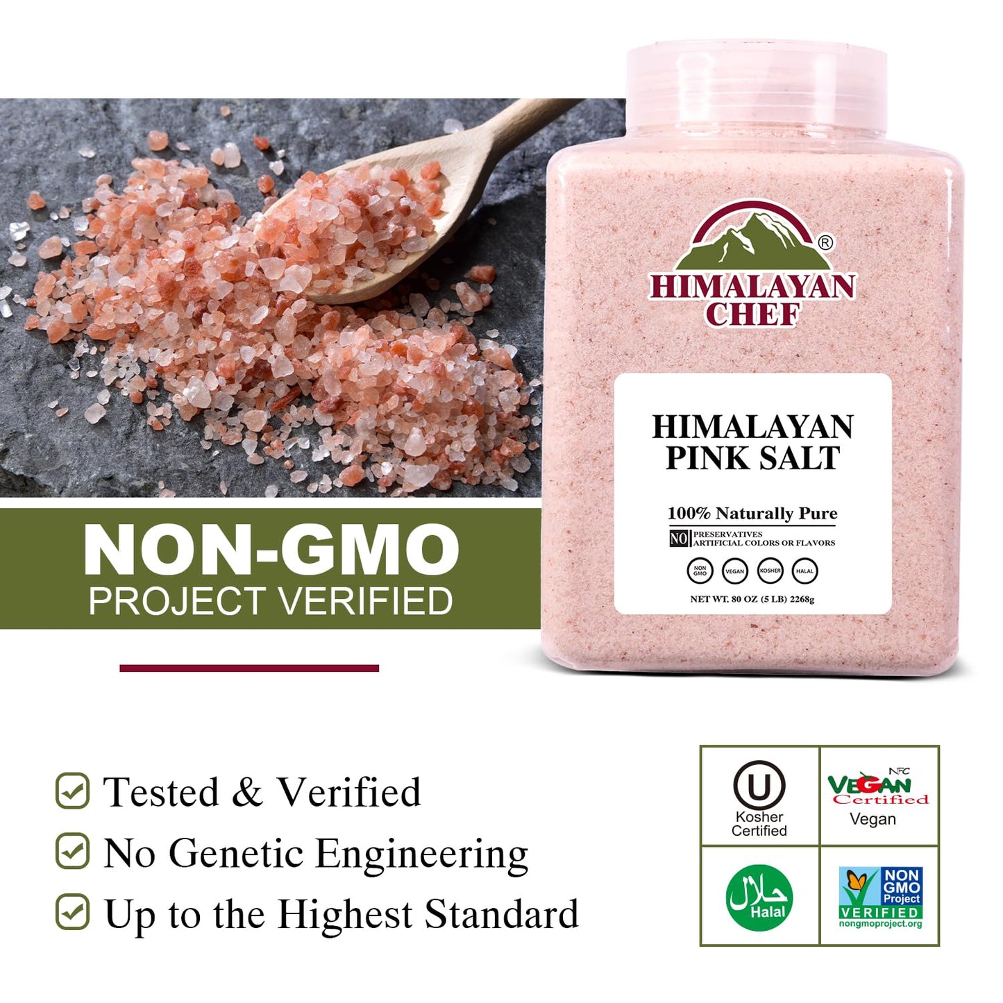 Himalayan Chef Pink Himalayan Salt, Fine Grain - 5 lbs, Organic Food Graded Pink Salt with 84 Rich Minerals, Vegan, Kosher, Non-GMO & Halal Certified, Pack of 2